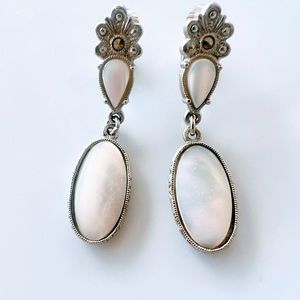 Antique Sterling Silver Mother Of Pearl Featuring Marcasite Dangle Drop Earrings